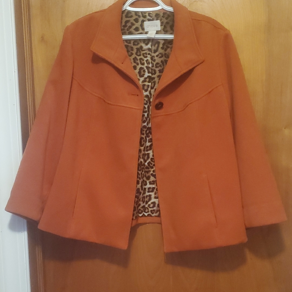 Chico's Vibrant Orange Pea Coat with Leopard Lining